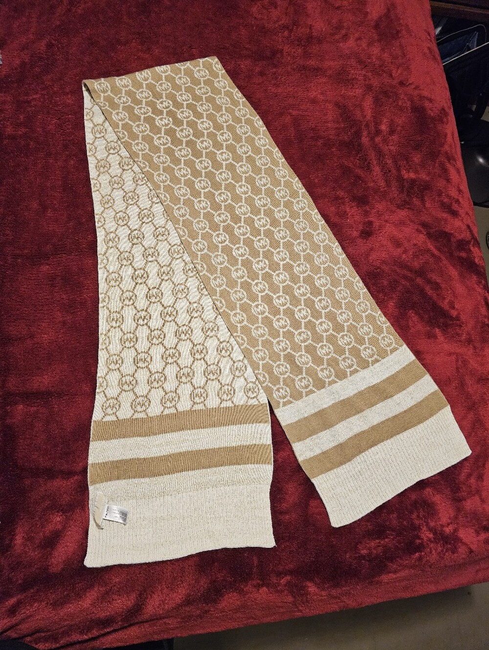 MICHAEL Michael Kors Beige and Cream Monogram Knit Scarf with Gold Thread